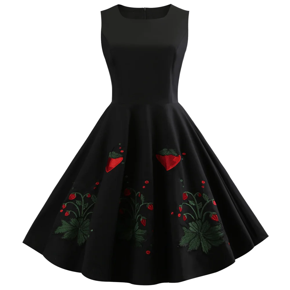 

Wipalo Plus Size O-Neck Strawberry Embroidery Sleeveless Corset Retro Dress Hepburn Vintage Women Dress Summer Autumn