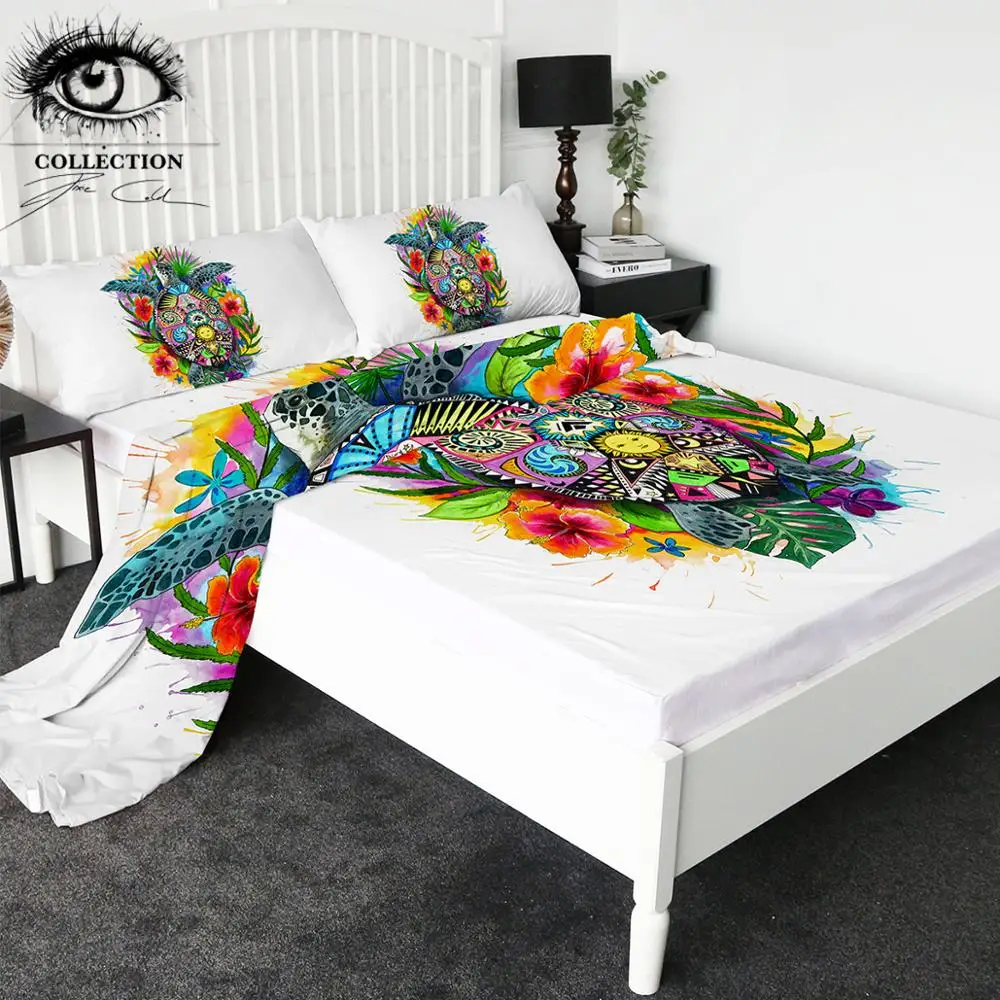 

Turtle Life by Pixie Cold Art Bed Sheet Set Bohemian Flat Sheet Floral Colorful 3D Print Fitted Sheet King Tortoise Bed Set 4pcs