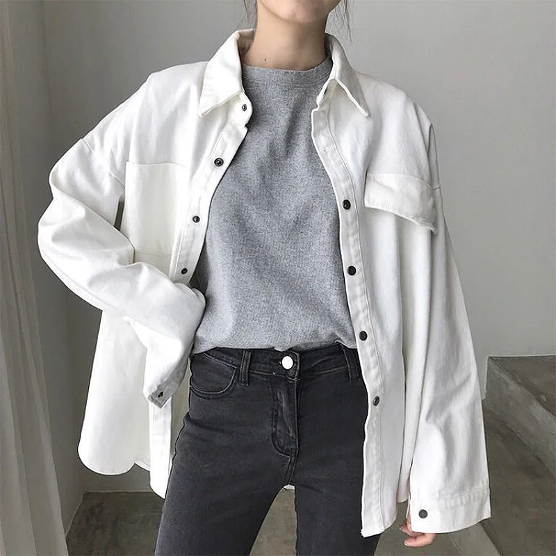 

Autumn New Women OverSize Denim Jackets Spring Summer Solid BFStyle White Shirts With Pockets Female Plus Size Loose Thin Coats