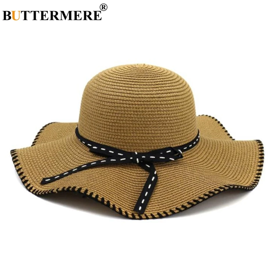 

BUTTERMERE Ladies Sun Hat Ruffle Khaki Fisherman Hat Bowknot Spring Summer Fashion Brand Beach Straw Hat For Woman