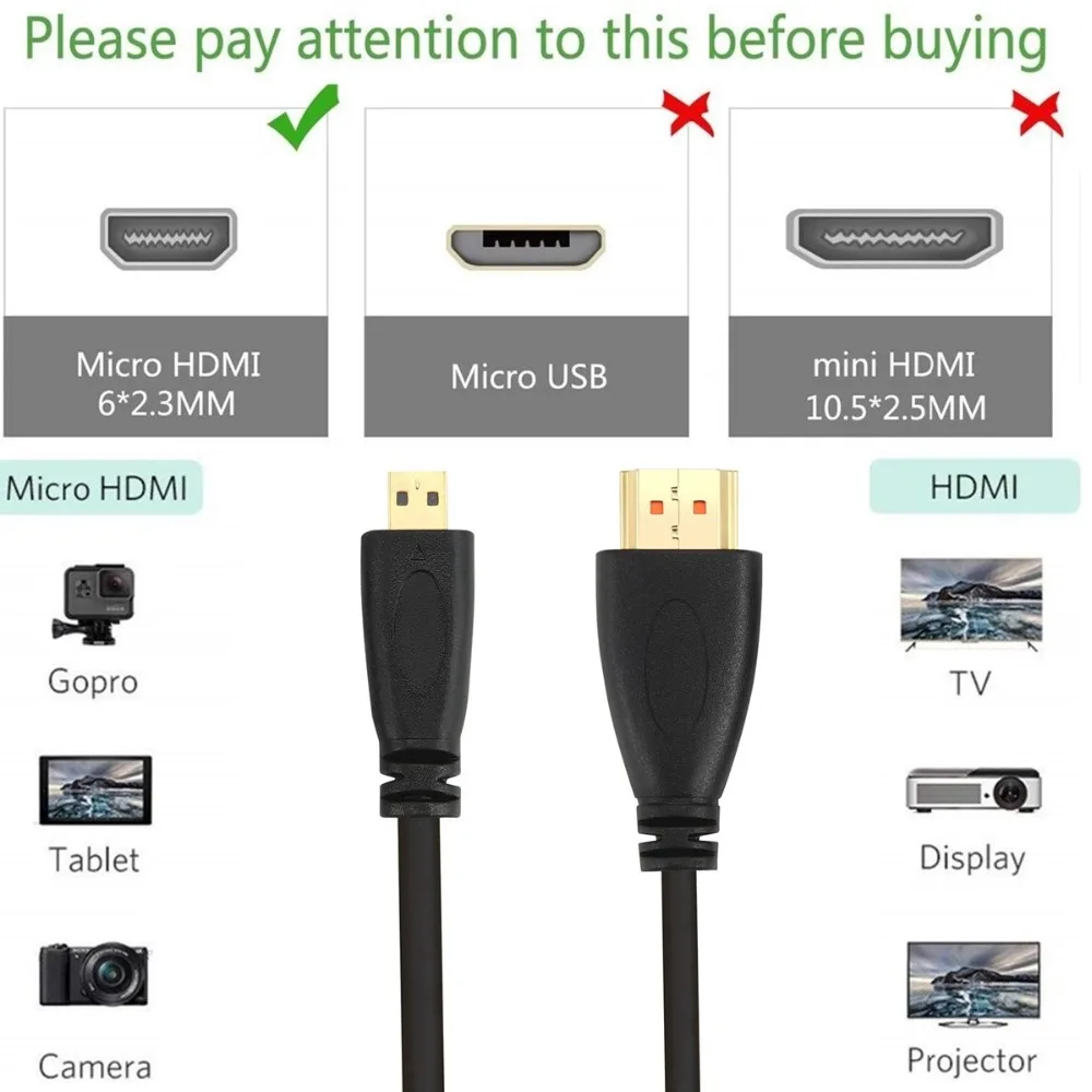 Микро HDMI к HDMI кабель Поддержка 3D 4K 1080p Высокоскоростной микро HDMI кабель конвертер для планшета камеры GoPro Hero к телевизору lcd HD tv