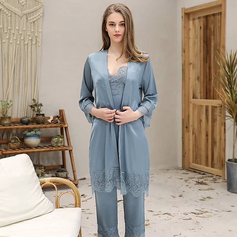 

MECHCITIZ 5 Pieces Women's Pajamas Sets 2019 Autumn Pants Sexy Pijama Satin Robe Nightwear Summer Silk Bathrobe Sleepwear Pyjama