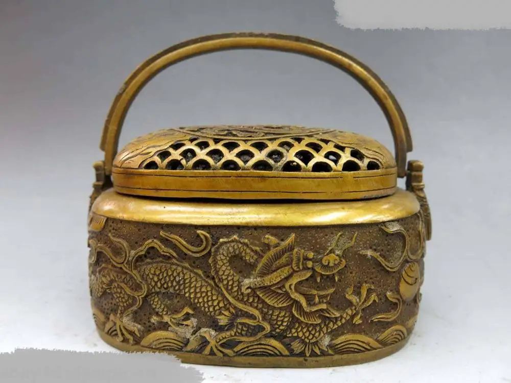 

DS DS China brass copper beautiful two dragon play bead censer incense burner Statue