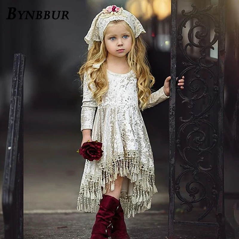 Bynbbur Tassels Lace Patchwork Velvet Solid Dress Girls Kid Party Dress Cute Baby Princess Elegant Dress 2019 Spring Summer New