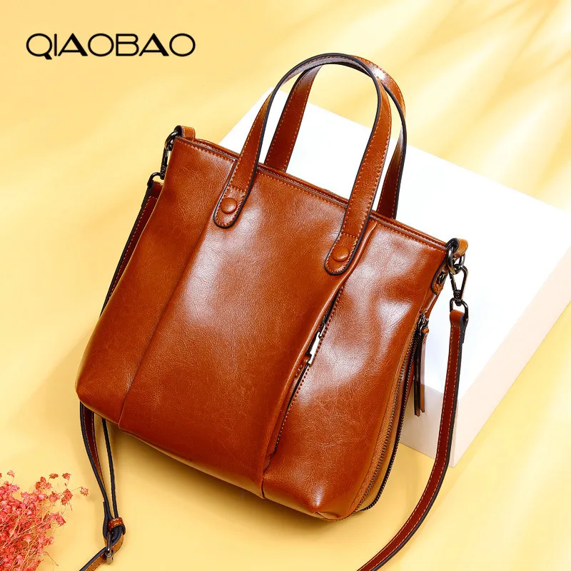 

QIAOBAO Fashion Women Tote Bag 100% Genuine Leather Handbags Female Charm Messenger Crossbody Purse Luxury Shoulder Bags