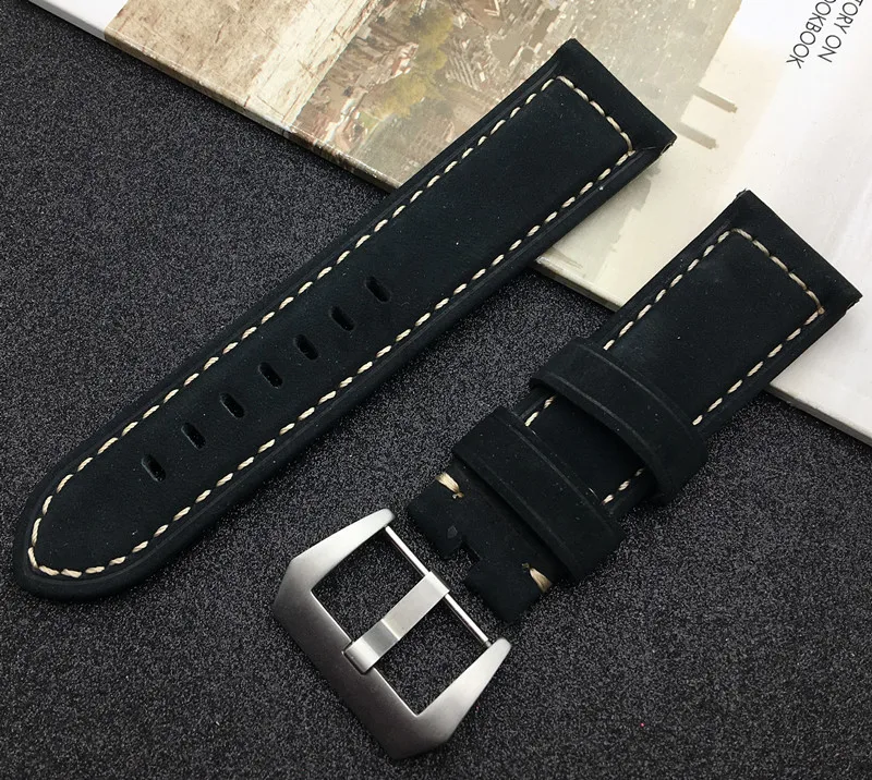 

Top quality 22mm 24mm 26mm watch band Black nubuck Leather belt Watchband For PAM111/441/Panerai strap pin buckle with tools