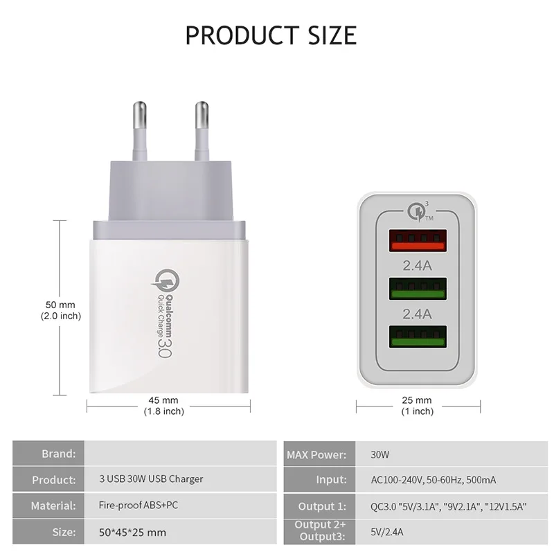 Универсальный 30 Вт USB быстрая зарядка для iPhone 7 8 ЕС США разъем мобильного телефона 3,0 быстрое зарядное устройство порт зарядки для Samsug s8 s9 huawei