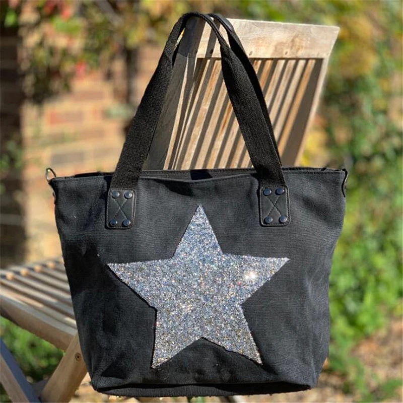 

2019 VINTAGE STAR CANVAS TOTE BAG-tassel Messenger Bolsos diamond bling Multifunctional Travel Shoulder Bag drop shipping