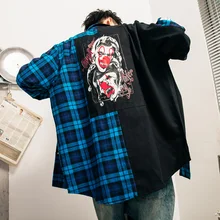 April MOMO плед рубашки для мужчин хип хоп Лоскутная рубашка с длинными рукавами женская в стиле панк креативная Джокер печатная рубашка уличная