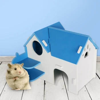 

Hamster Cage Small Pet House Golden Bear Wood Nest American Style Villa with Springboard Toys for Squirrel Guinea Pig Chinchilla
