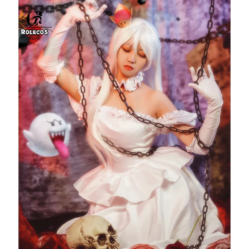 ROLECOS Bowsette Boosette Cosplay Costume Women Sexy Dress Anime Kuppa Koopa-hime Princess Cosplay White Dress Christmas Party