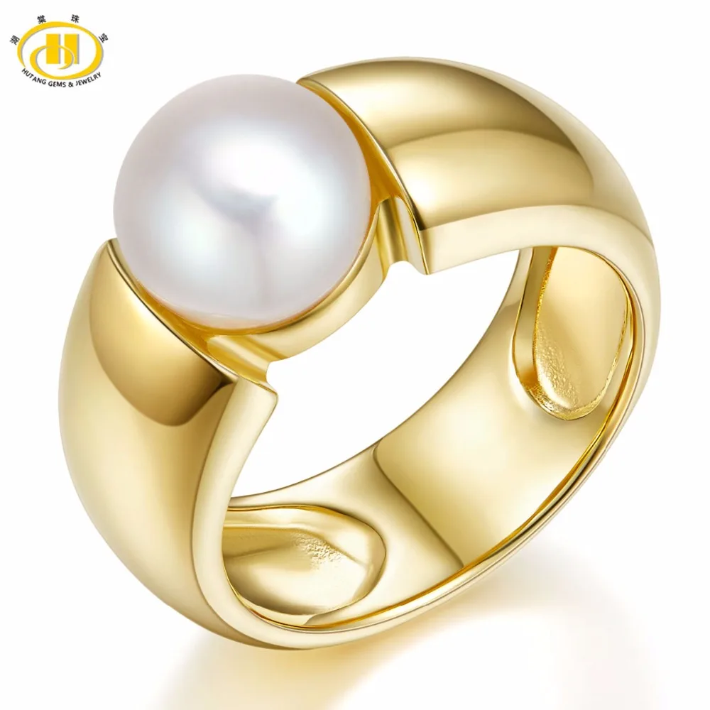 Hutang Natural White Freshwater Pearl (9-9.5 mm)  Solid 925 Sterling Silver Gold-Color Wedding Rings For Women's Fine Jewelry