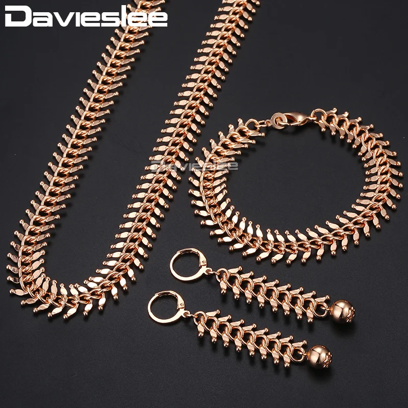 Davieslee Jewelry Set For Women 585 Rose Gold Centipede Link Chain Necklace Bracelet Earrings Woman Dropshipping 10/14mm DCSM01