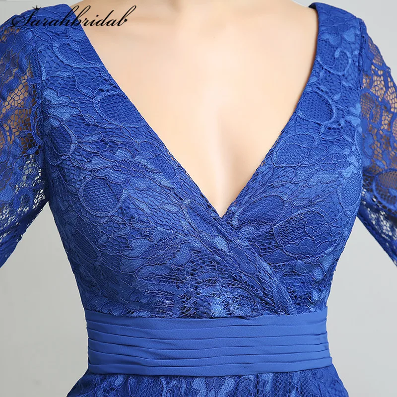 Royal Blue Короткие Матери невесты платья Кружева три четверти рукавами V шеи по колено коктейльные платья Оболочка спинки LX208