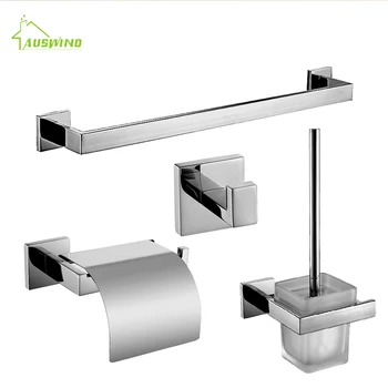 

Modern Stainless Steel Polished Bathroom Accessories Set Sus304 Square Base Chrome Bathroom Hardware Set