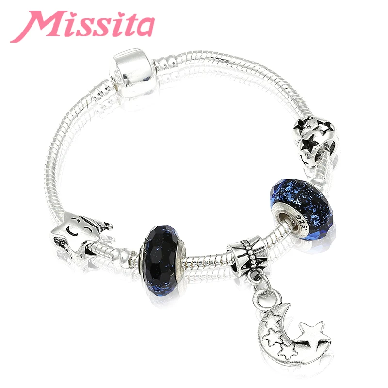 

MISSITA Moon & Star Series Charm Bracelet with Blue Murano Beads Snake Chain Bracelets for Women Brand Jewelry Anniversary