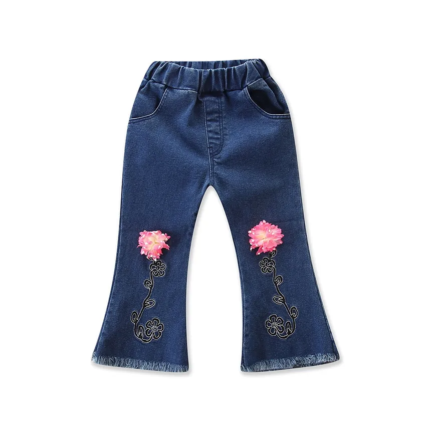  Spring Autumn Girls Denim Pants Baby Girl Elastic Waist Flower Jeans Children Wear Jeans Child Clot