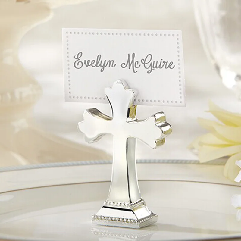 

200pcs/lot "Sacrament" Silver Finished Resin Cross Place Card/Photo Holder Religious Party Table Centerpiece Favor Free shipping