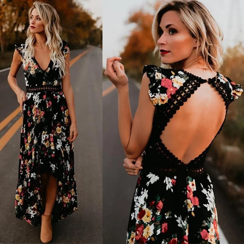 

Summer Women Dress Floral Print Sexy Lace V-Neck Backless Dresses Holiday Bohemia Long Beach Sun Dress