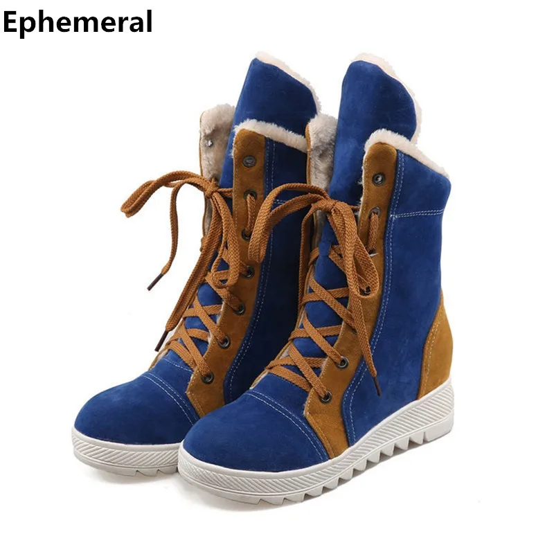 

Women's Snow Rinding Boots High Increasing Med Heel Patchwork Plus size 43 Thick Bottom Fur Warm Comfort Mid-Calf Lace-Up Botas