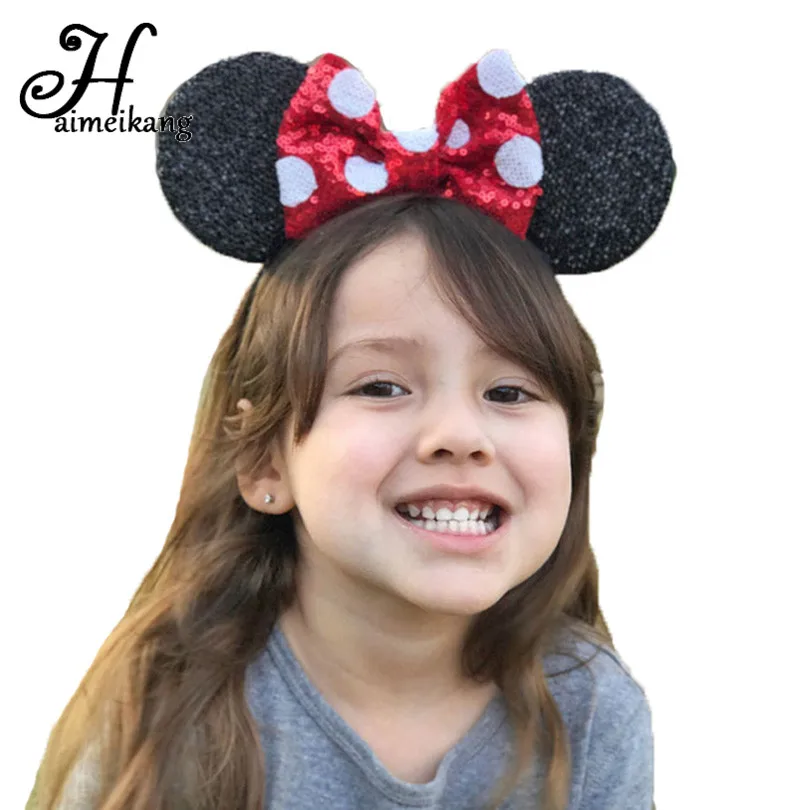 Haimeikang New Arrival 12 Color Big Bowknot Sequins Headband for Girl Mouse Ears font b Hair