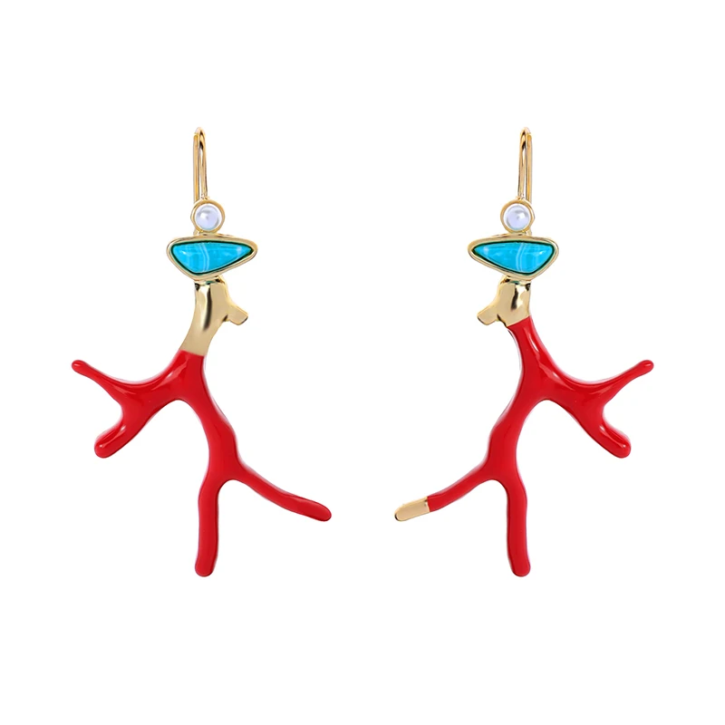

New Design Red Resin Reindeer Coral Drop Earrings For Women Charm Tree Branch Acrylic Earring Party Gift Jewelry Accessories