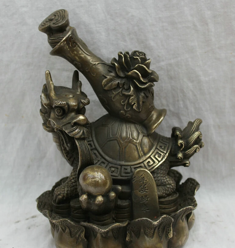 

S5019 9" China Bronze Animals Longevity Wealth Coin Flower Pot On Dragon Turtle Statue D0317