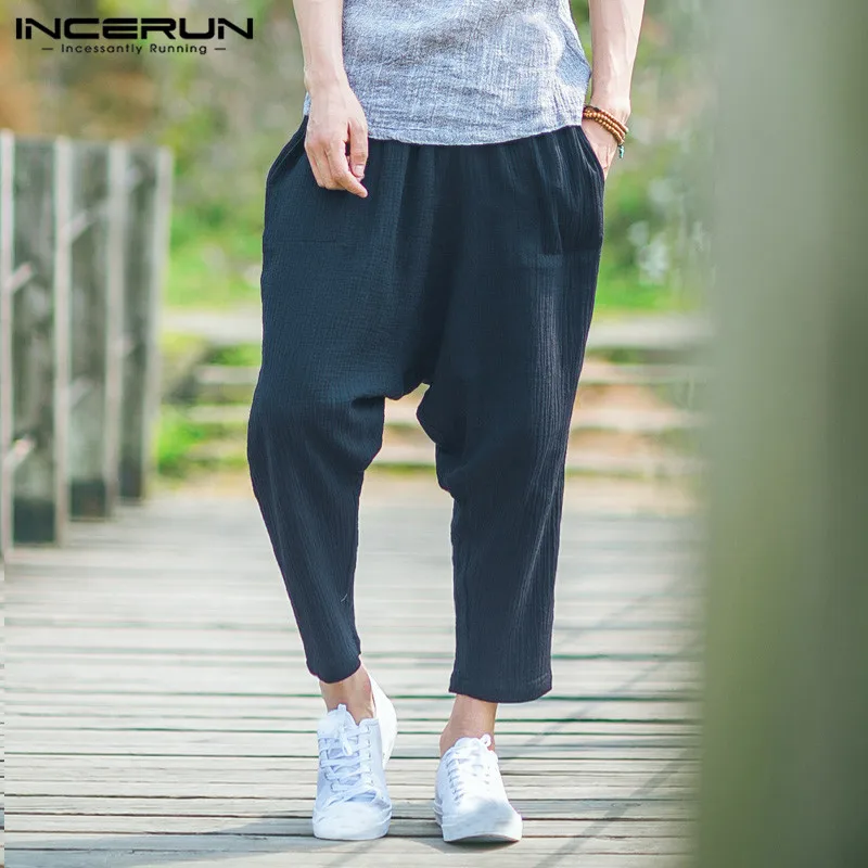 Janpanese Style Pleated Cross-Pants Harem Pants Casual Men Big Drop Cross HipHop Trousers Ankle-Length S-5XL Big Size INCERUN