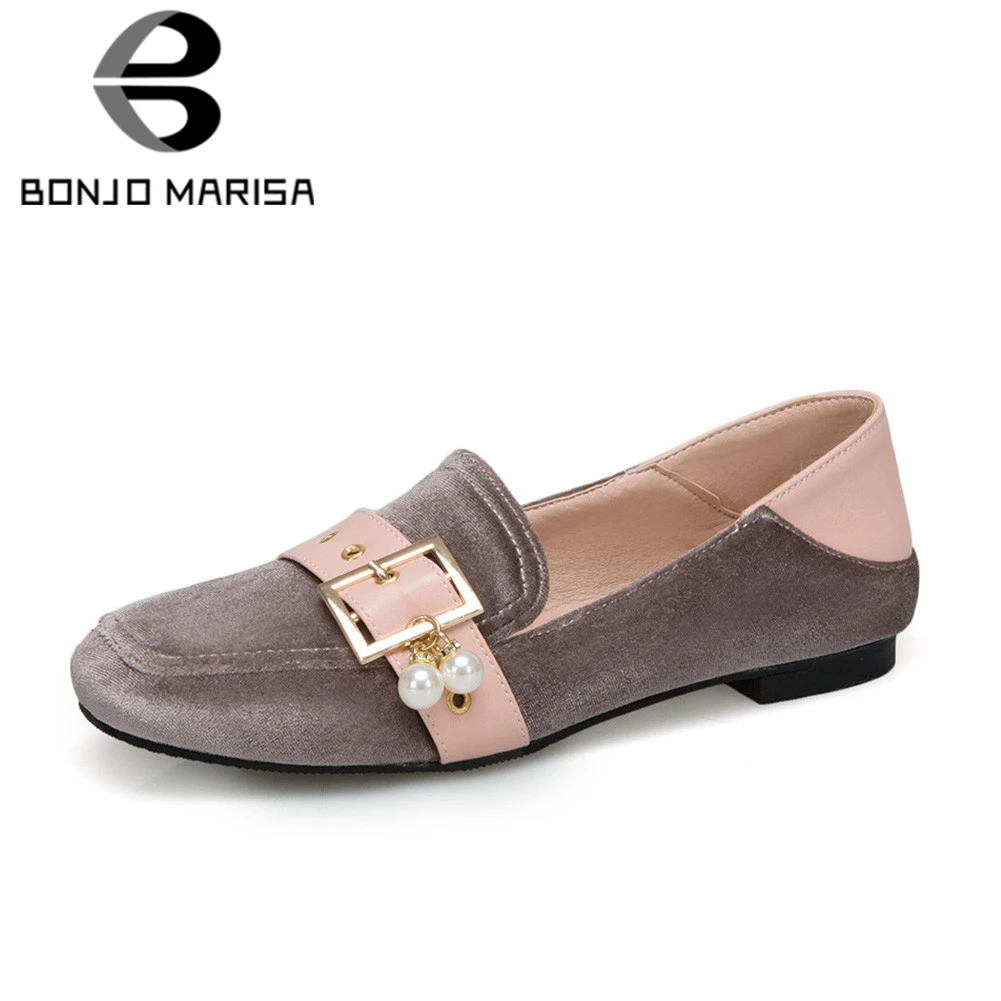 

BONJOMARISA Big Size 34-43 New Belt Buckle Pearl Mixed Colors Slip On Shallow Shoes Woman Casual Soft Retro Spring Autumn Flats