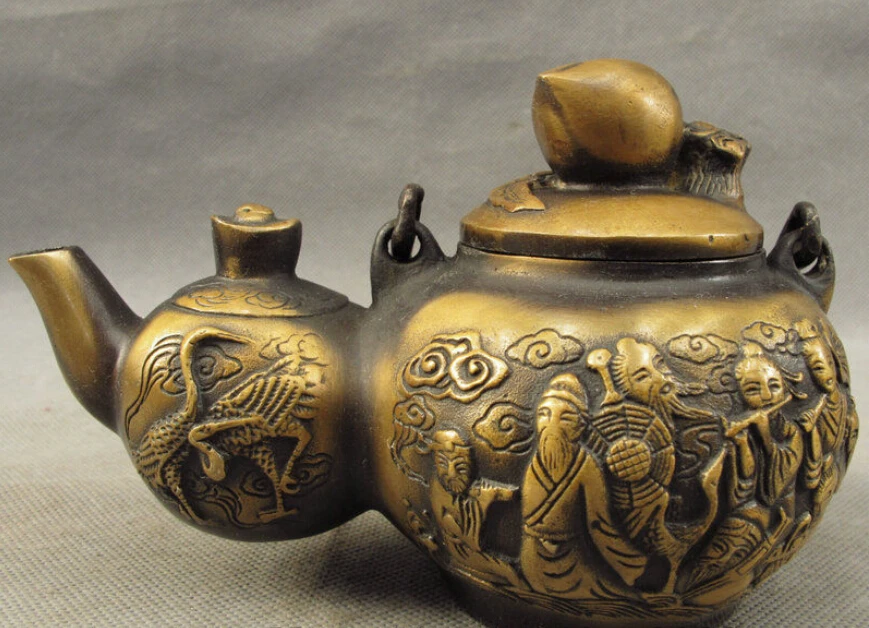 

Chinese Bronze 8 God BaXianGuoHai Fly Crane Statue Gourd Shape Wine Pot Teapot
