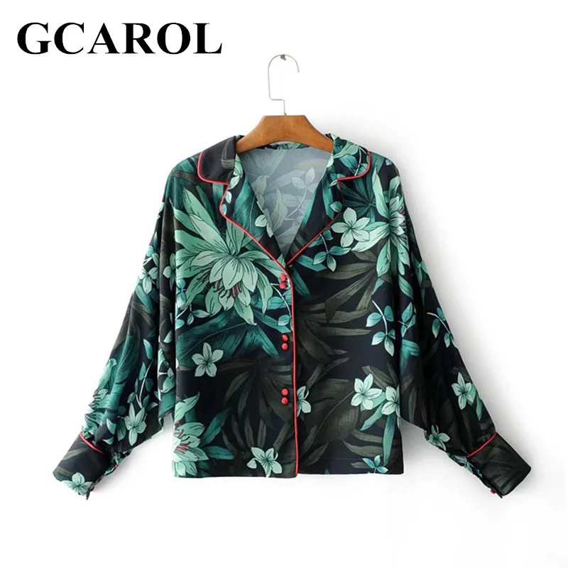 Skup GCAROL New Arrival Green Floral Kobiety Kimono Turn Down Collar Oversize Bluzka Czerwony Przycisk Decration OL Koszula Wiosna Jesień Zima