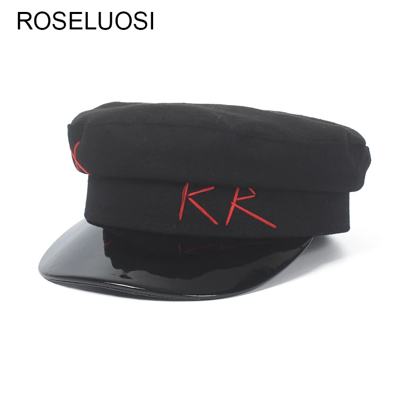 

ROSELUOSI Women Black Military Hat Autumn Winter Wool Newsboy Cap Fashion Letter Embroidery Leather Patchwork Sombrero Mujer