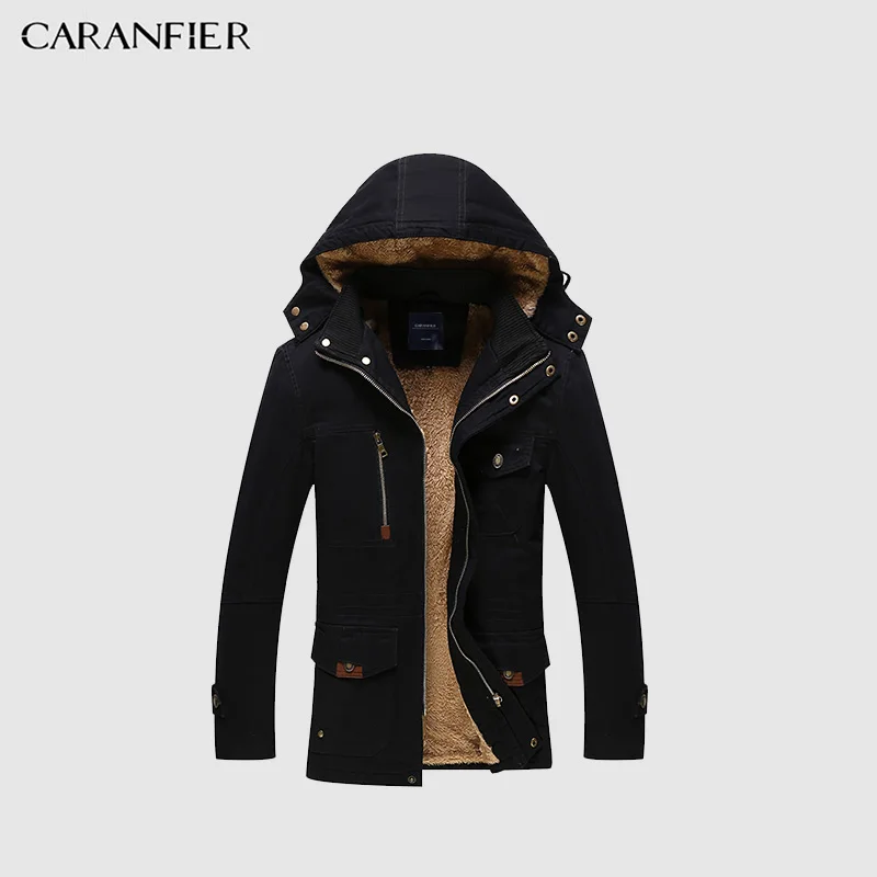 

CARANFIER Mens Winter Parkas Hooded Thicken Warm Outwear Male Solid Plus Velvet Coats Medium-Long Classic Men Jackets Zipper New
