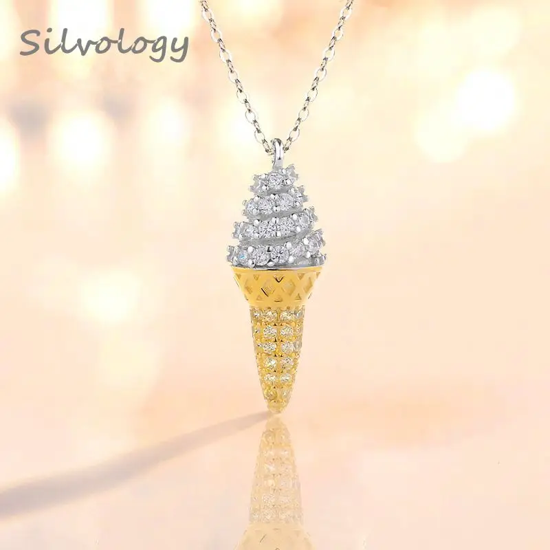

Silvology Full Zircon Ice Cream Necklace 925 Sterling Silver 2019 Summer Style Pendant Necklace For Women Fashionable Jewelry