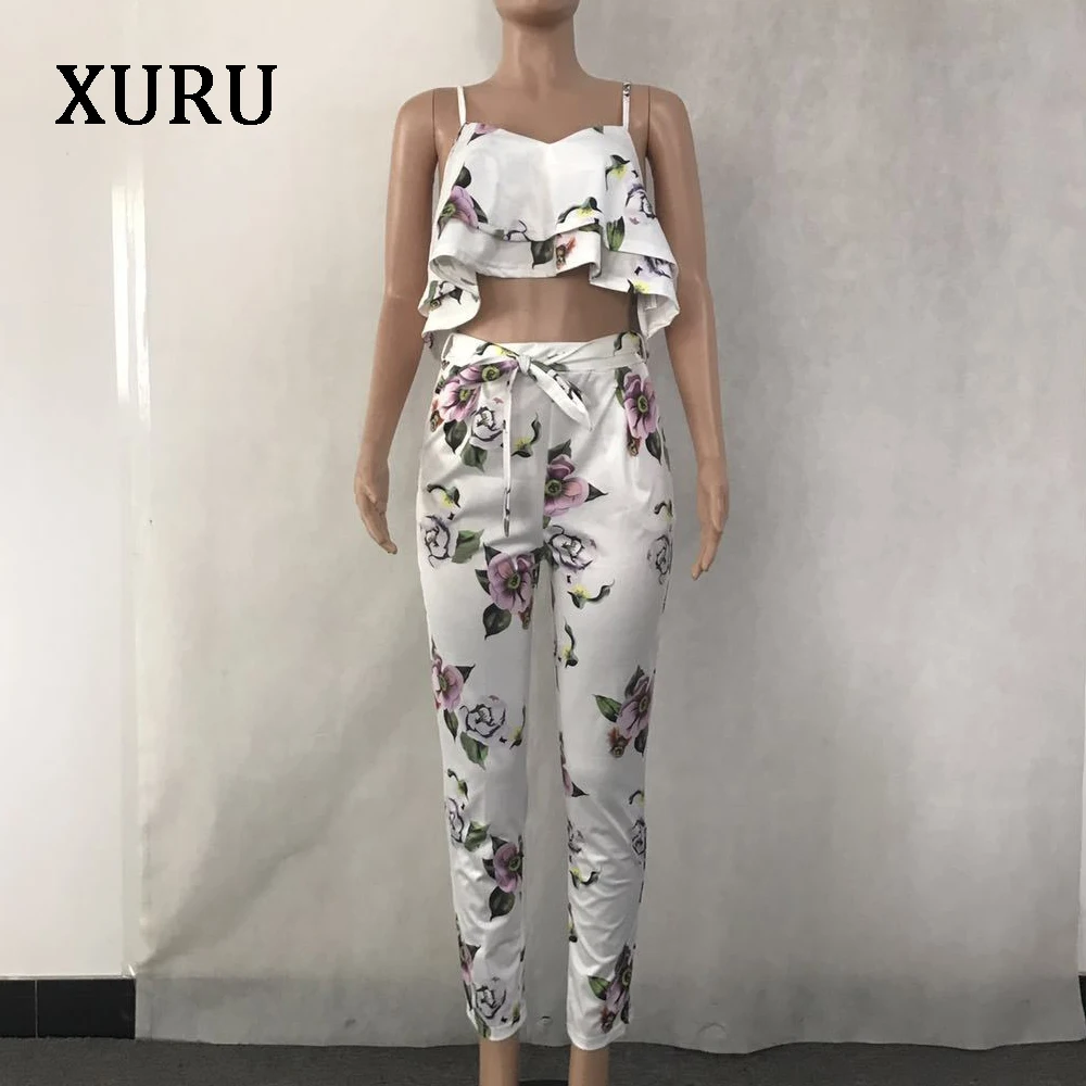 XURU Floral Print Ruffle Jumpsuits Romper Sexy Strap Short Top Two Piece Set Regular Off Shoulder Rompers Summer Women Jumpsuit Jumpsuits and Playsuits