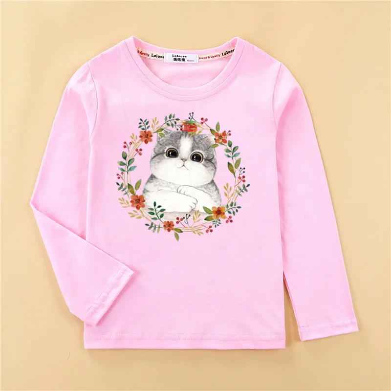 Модная одежда с изображением котенка, Детская футболка, топы для маленьких девочек с лолососеем, хлопковые футболки с длинными рукавами, милая детская рубашка с дораэмоном