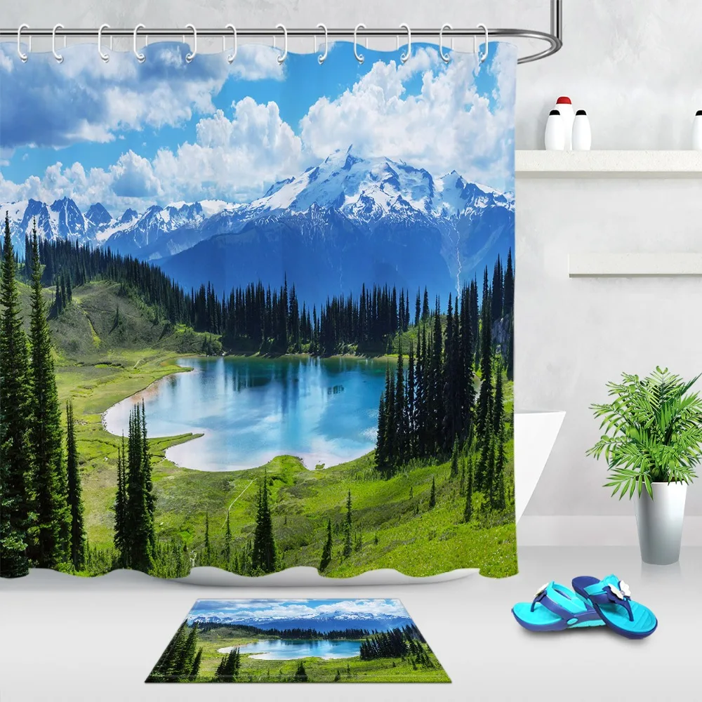 Nature Small Boat In Mountain Lake Polyester Fabric Shower Curtain Set 180x180cm