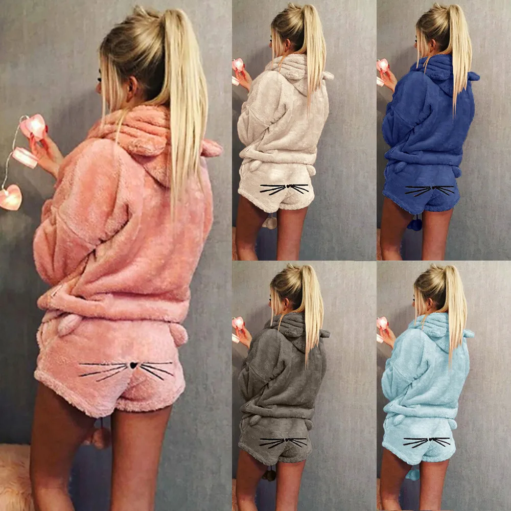 

Women plus size Cute Color Warm Winter Set Two Piece Cat Pajamas Hoodie Sofa pajamas for women summer tops for women 2018