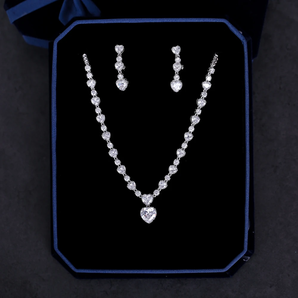 

Romantic Heart Design Zircon Necklace Pendant AAA Cubic Zirconia Choker Dangle Earrings Jewelry Sets Wedding Bridal Bijoux Gifts