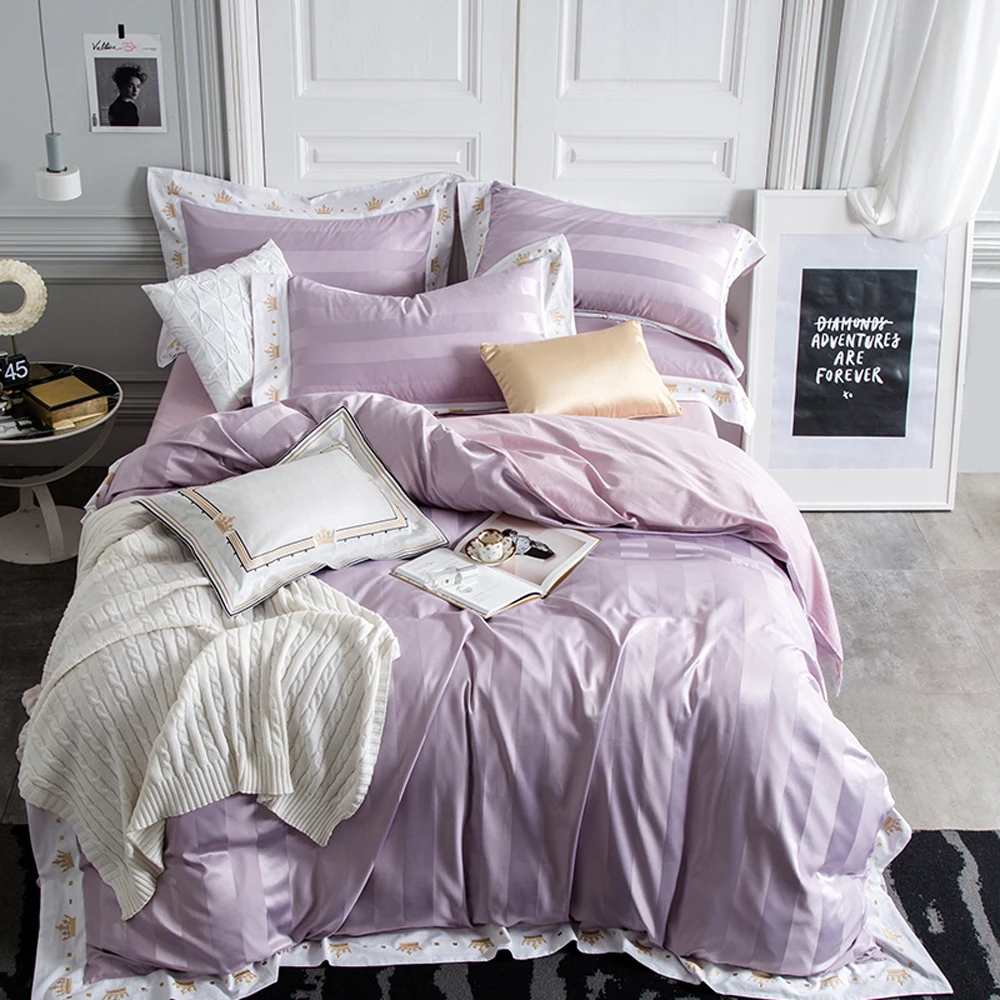 2018 Pale Purple Stripes Satin Bedlinens Cotton Fabric Bed Cover Queen King Size Duvet Cover Set