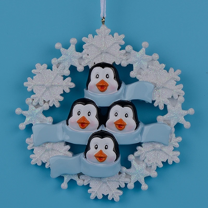 Penguin family of 4 resin hang Christmas ornaments with glossy