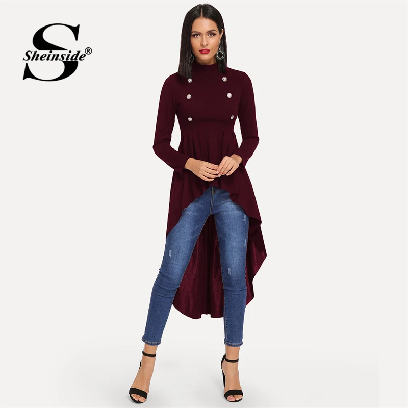 Sheinside элегантная женская блузка бордового цвета с ложным вырезом, двубортный топ с глубоким вырезом спереди, Женские топы и блузки с длинным рукавом