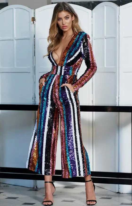 

New Luxury Sexy Long Sleeve Striped Mesh Sequins Women Jumpsuit 2019 Bodycon Designer Party Jumpsuit