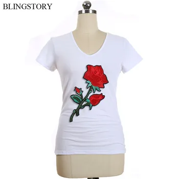 

BLINGSTORY High Street Embroidered Flower V Collar Short Sleeve Plus Size Basic Cotton T Shirt Femme