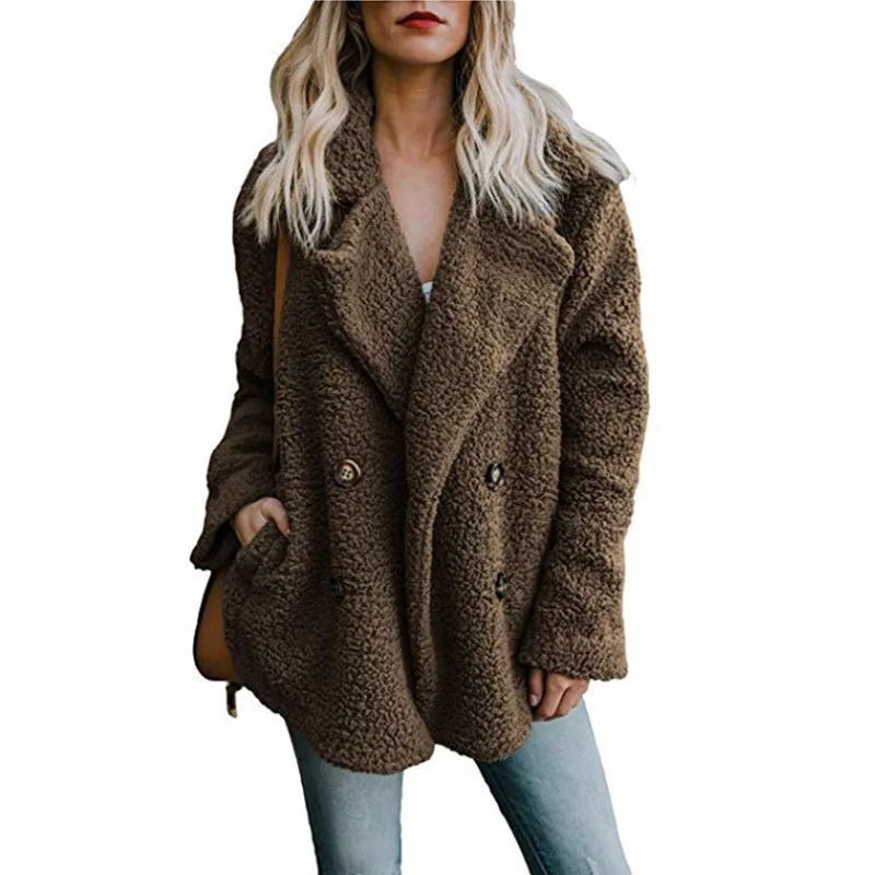 Vente Femmes veste d hiver 2019 mode nouveau double boutonnage chandails revers lâche fourrure veste femmes outwear femmes manteau dames veste
