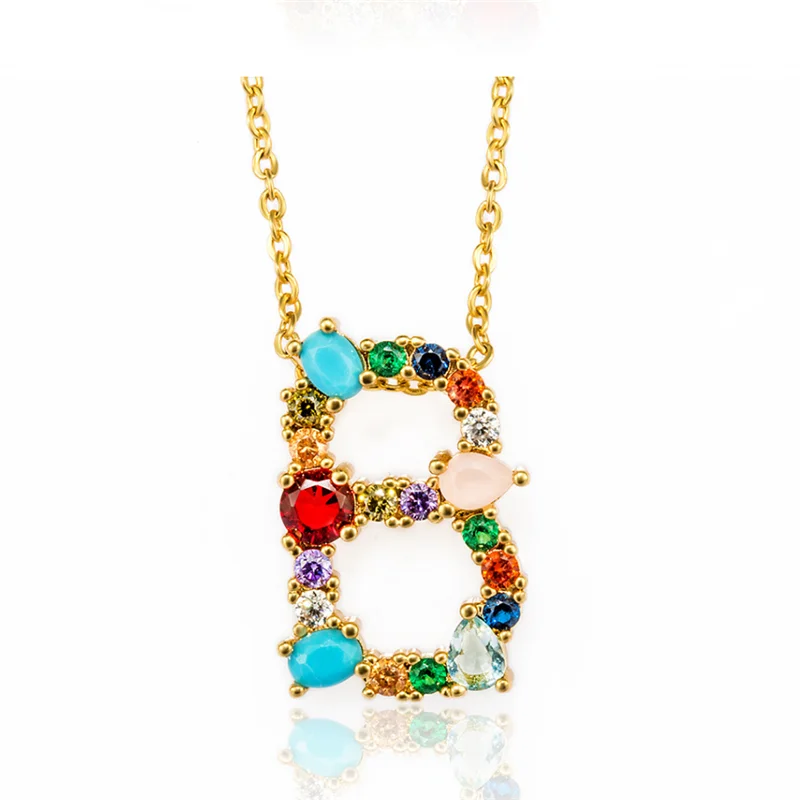 

Rainbow 26 letter fashion gold necklace micro clip CZ cubic zirconia AZ letter initials pendant ladies jewelry #bbb