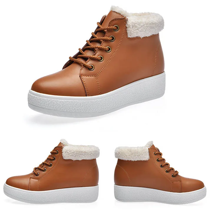 Fashion Short Snow Boots Girls With 3cm Platform Black Brown Warm Fur Winter Ankle Boots For Women Lace Up Med Heels Shoes Woman (19)