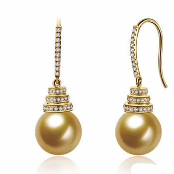 

Luxury 10-11mm 18K Yellow Gold Natural Southsea Gold Pearl Earrings For Women Wedding Jewelry Round Women's Gift High luster