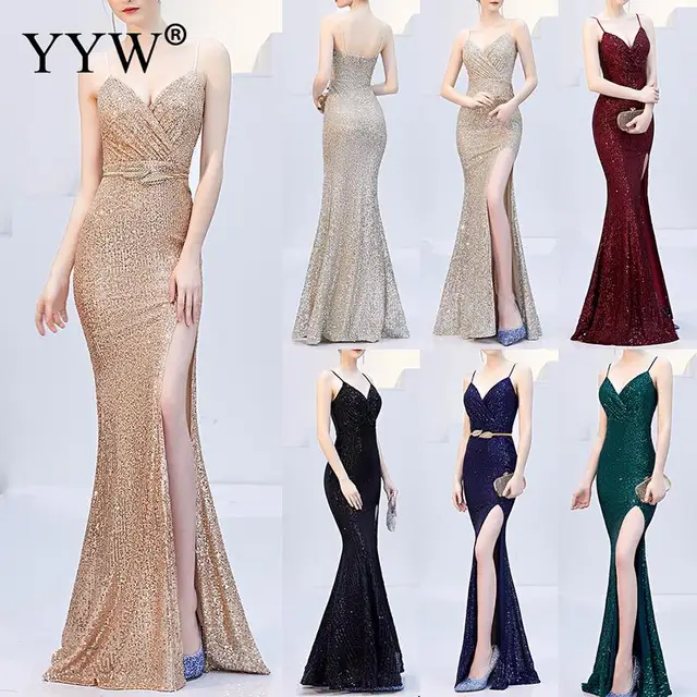 Sexy Sequined Evening Dress Robe De Soiree 2021 V-Neck Sleeveless Backless Mermaid Long Robe Side Slit Off Shoulder Party Dress 1