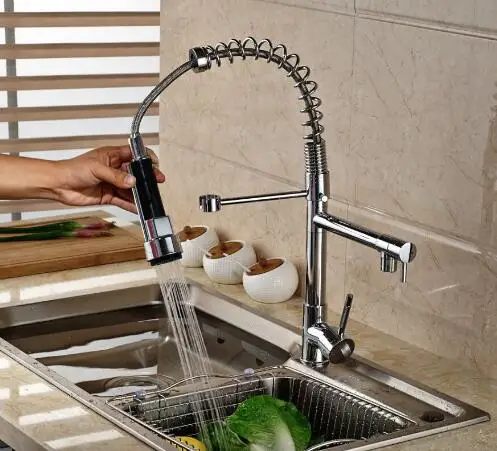 

Polished Chrome Spring Pull Down Kitchen Faucet Swivel Two Spouts Hot and Cold Kitchen Mixer Taps Deck Mounted